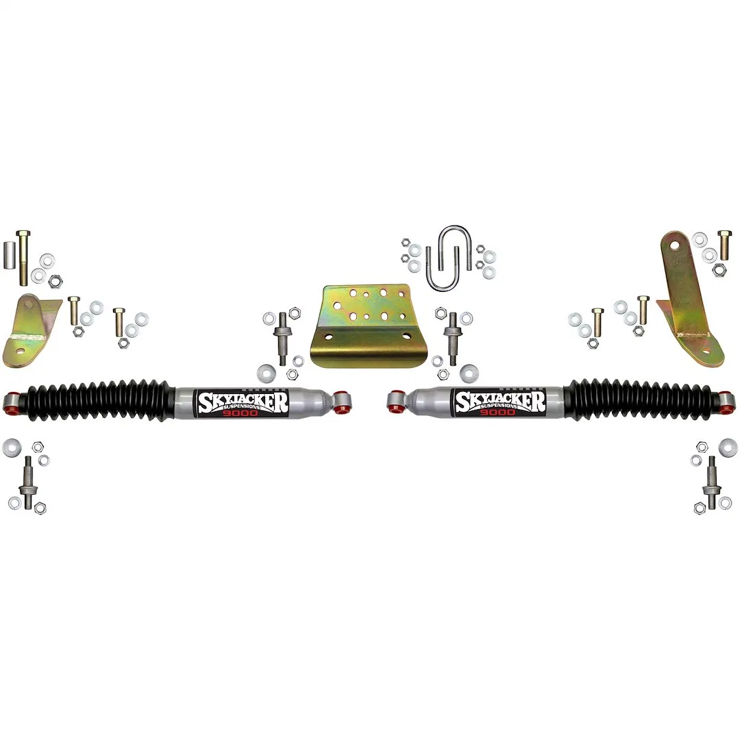 9239 – SKYJACKER Steering Stabilizer, Dual Silver Stabilizers With Mounting Brackets/ Black Boots/ Installation Hardw...